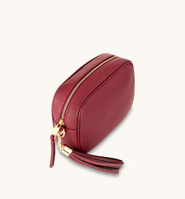 Cherry Red Leather Crossbody Bag With Pink & Orange Triangle Strap