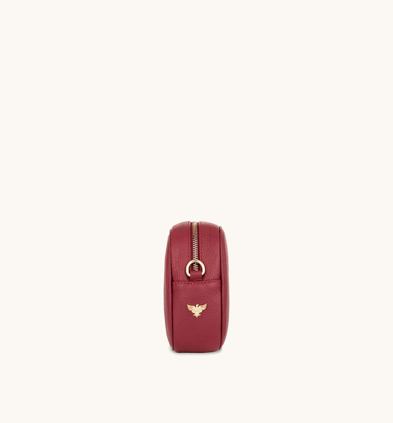 Cherry Red Leather Crossbody Bag With Pink & Orange Triangle Strap