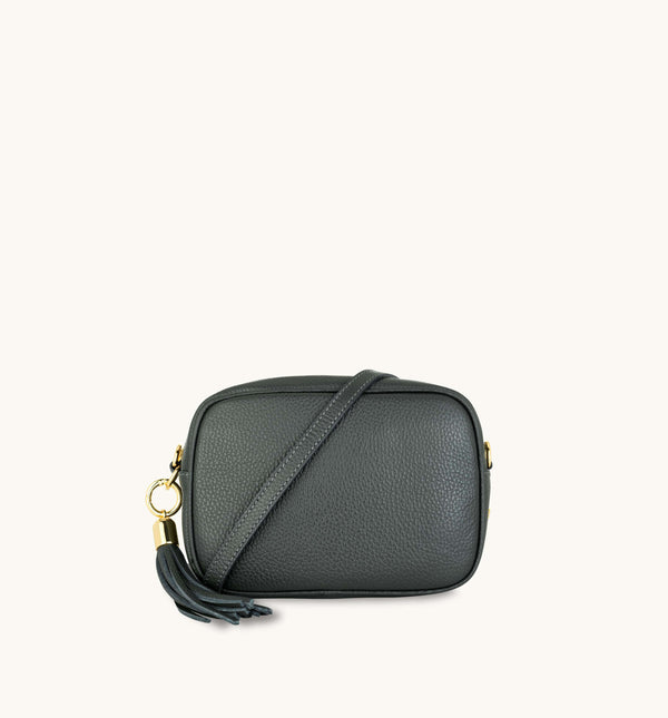 Dark Grey Leather Crossbody Bag With Tan Boho Strap