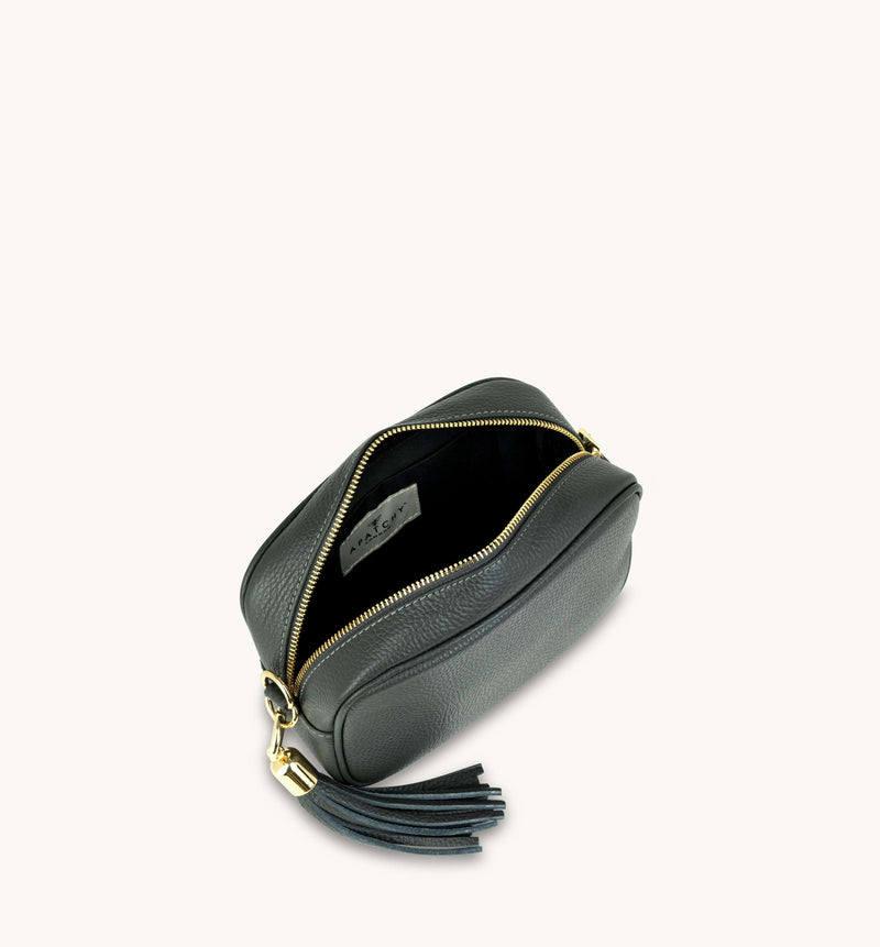 Dark Grey Leather Crossbody Bag With Gold Chain Strap