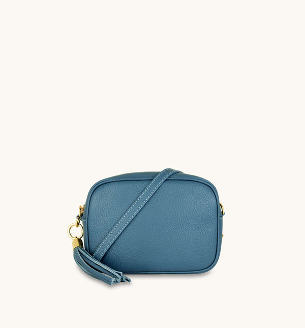 Denim Blue Leather Crossbody Bag With Gold Chain Strap