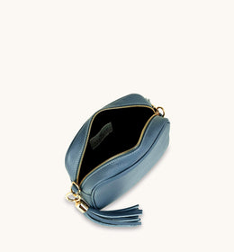 Denim Blue Leather Crossbody Bag With Gold Chain Strap