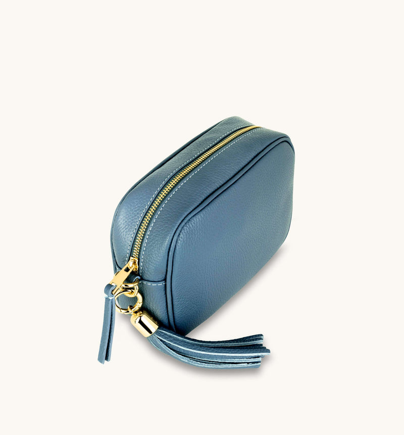 Denim Blue Leather Crossbody Bag With Gold Chain Strap