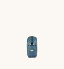 Denim Blue Leather Crossbody Bag With Gold Chain Strap