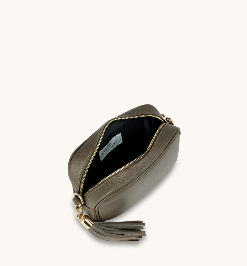 Latte Leather Crossbody Bag With Latte Stripe Strap