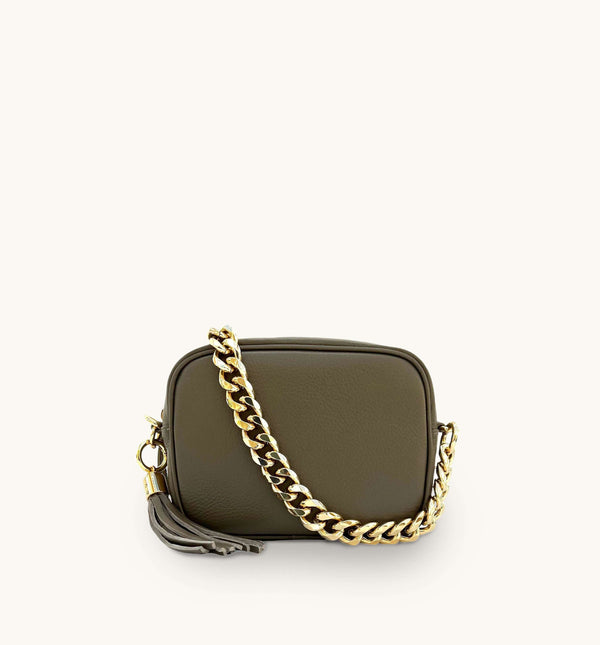 Apatchy Latte Leather Crossbody Bag with Gold Chain Strap