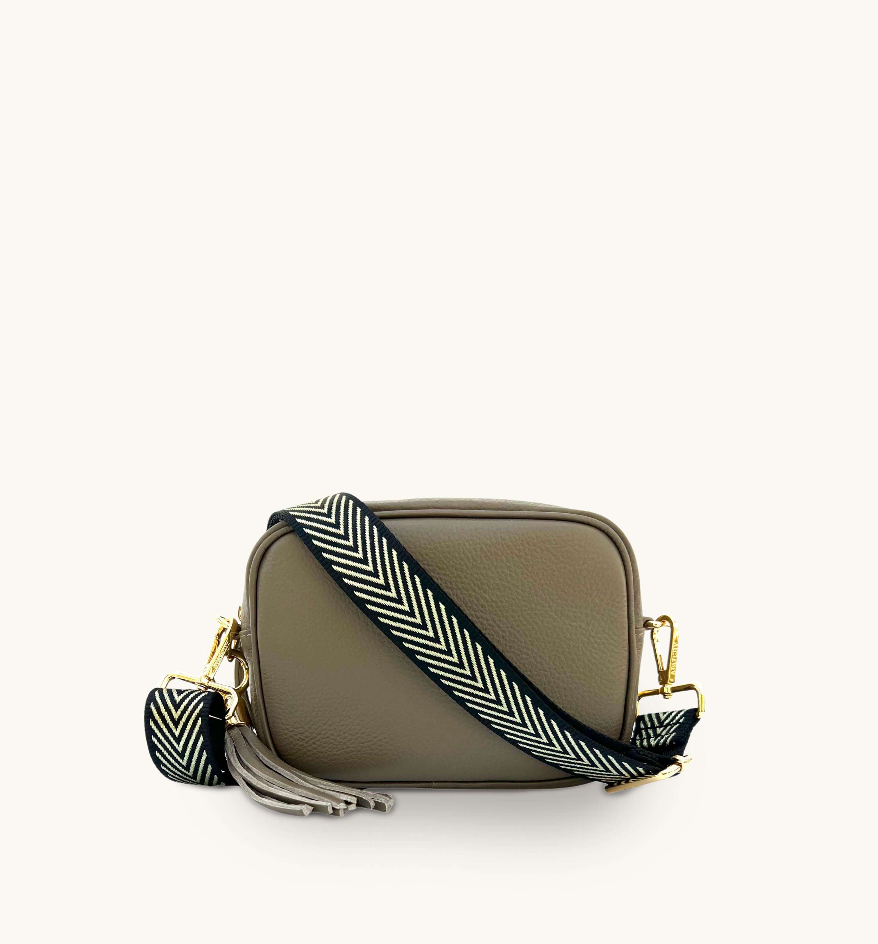 Apatchy Latte Leather Crossbody Bag with Black & Gold Chevron Strap
