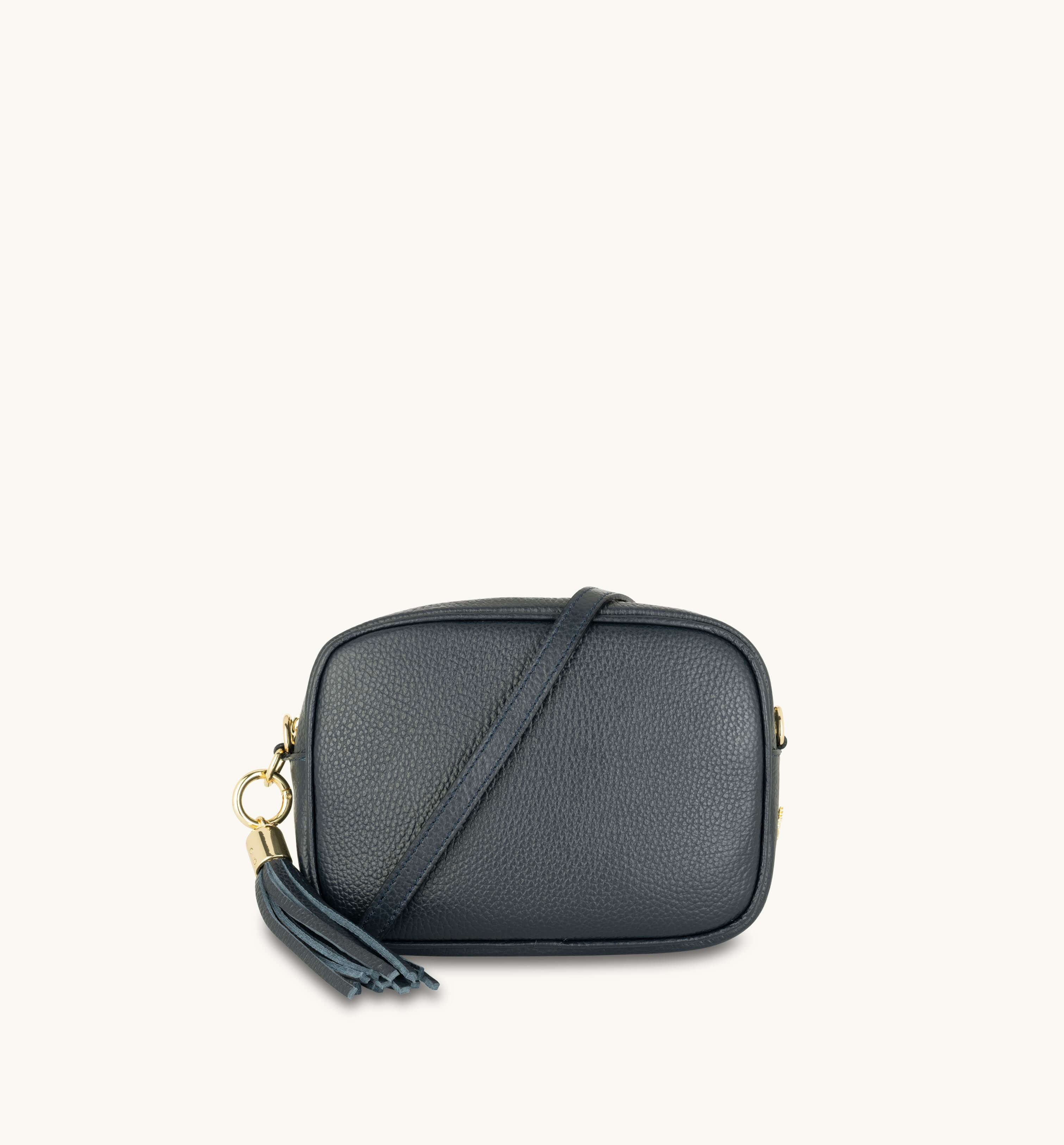 The Tassel Navy Leather Crossbody Bag With Navy & Gold Stripe Strap