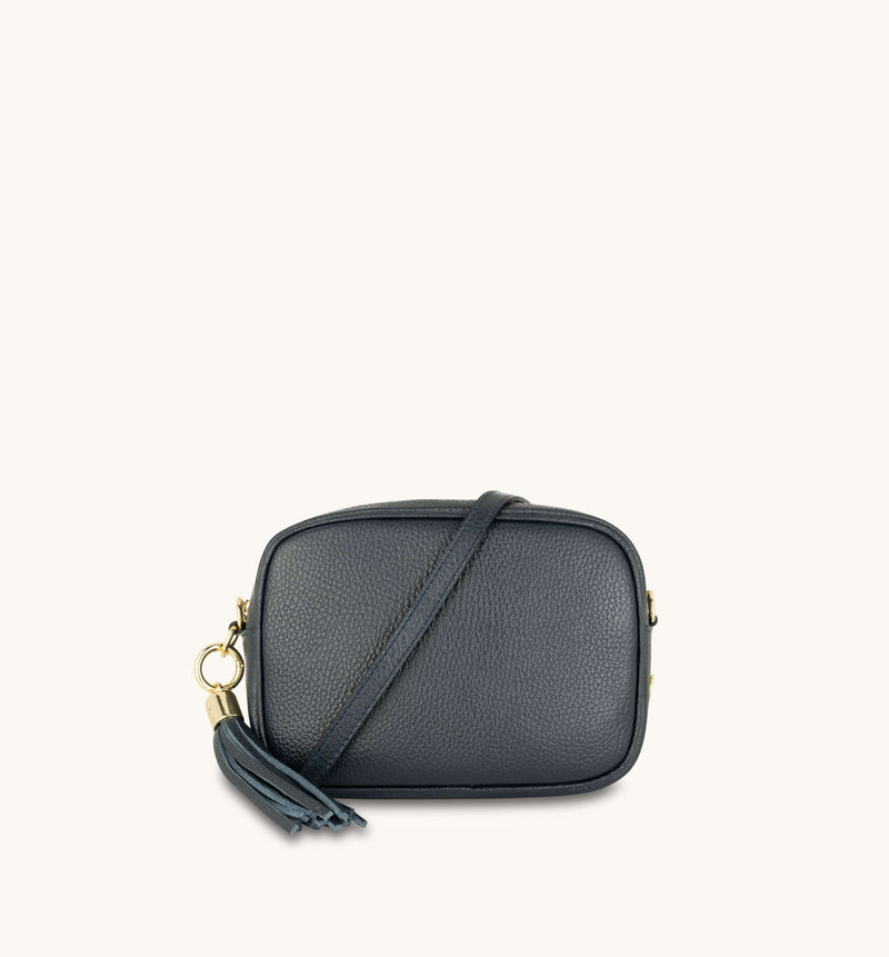 Navy Leather Crossbody Bag With Grey Boho Strap