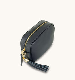 Navy Leather Crossbody Bag With Navy & Gold Stripe Strap