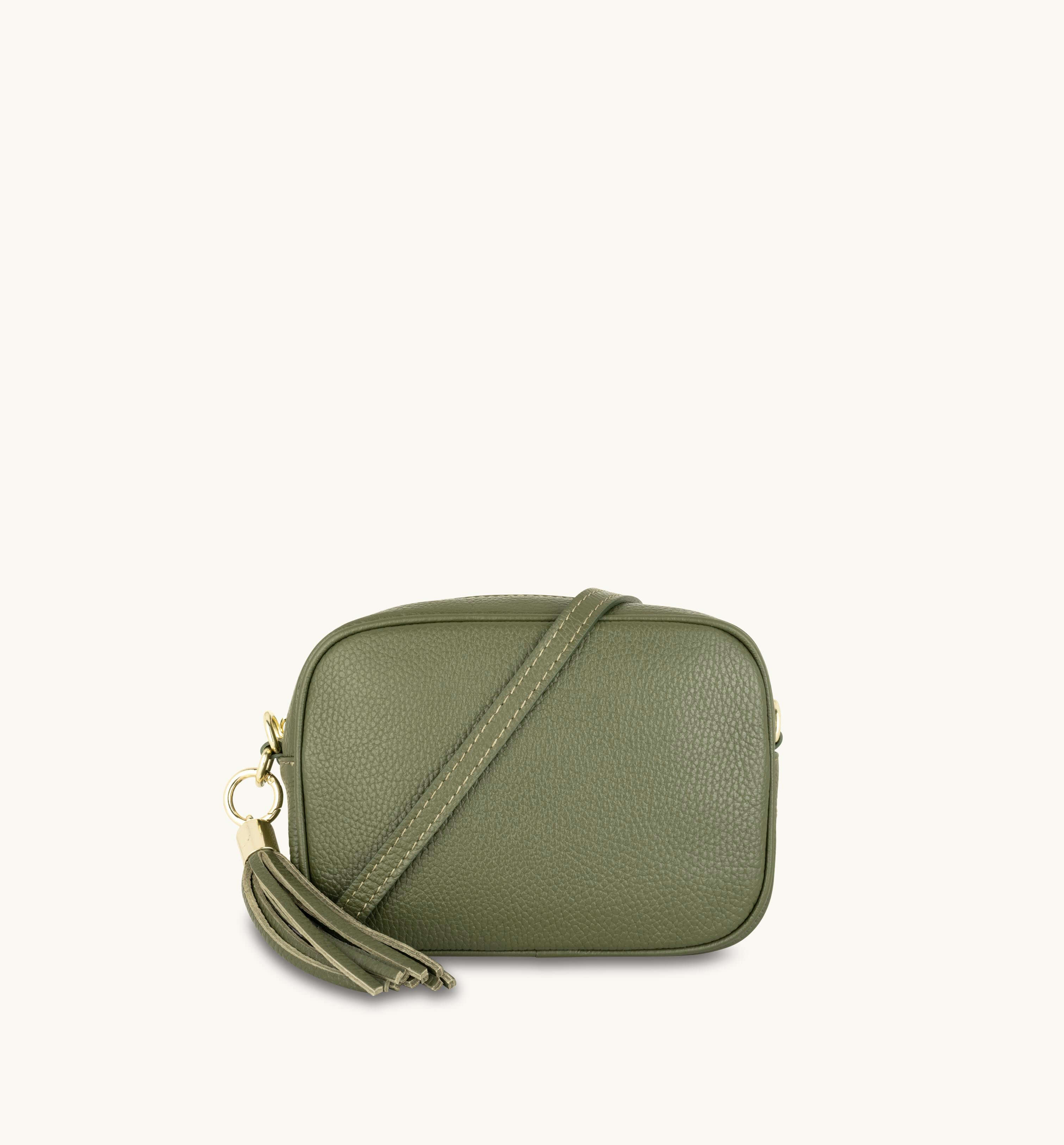 Olive Green Leather Crossbody Bag With Orange & Gold Stripe Camo Strap
