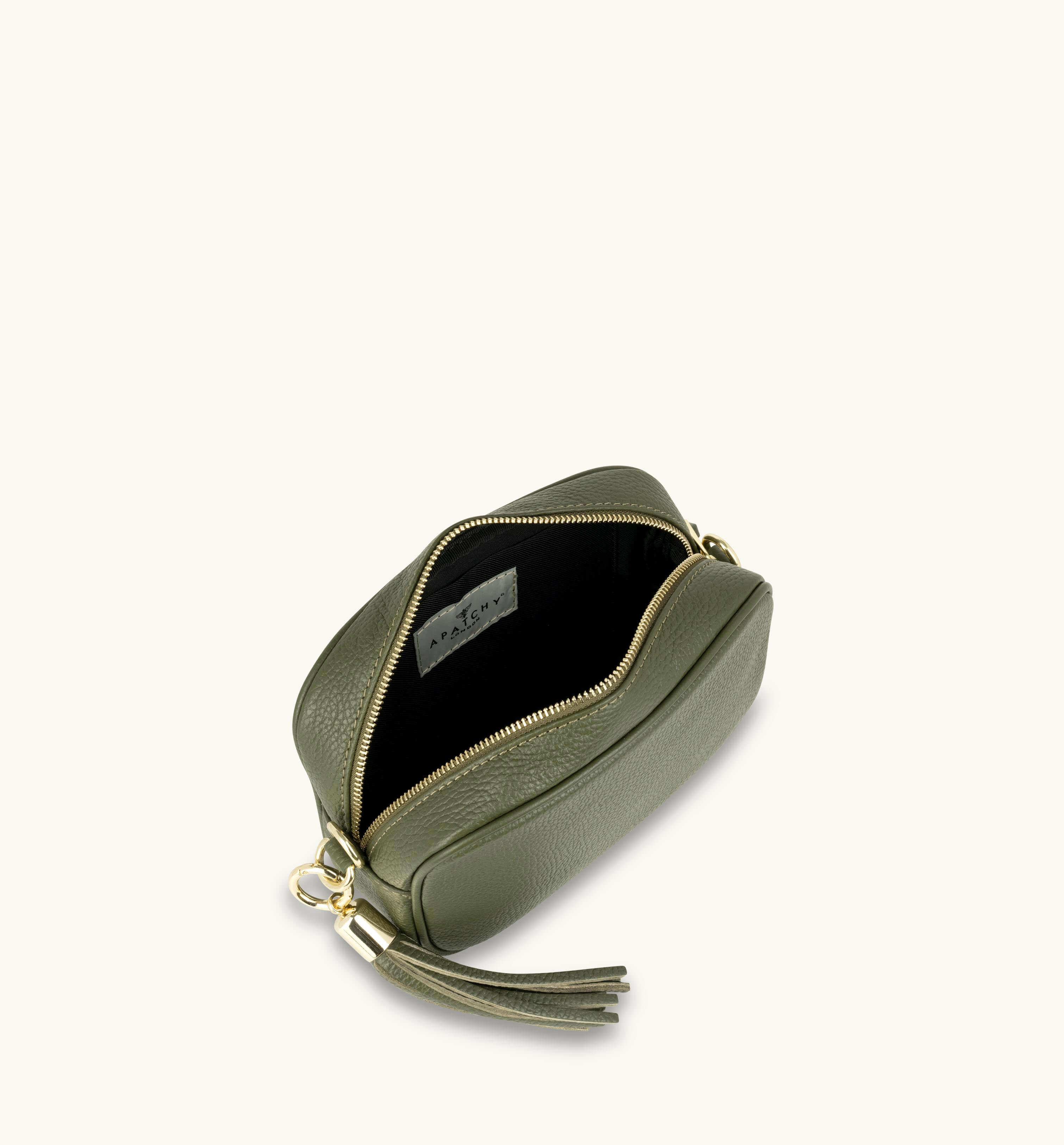 Olive Green Leather Crossbody Bag With Port & Olive Diamond Strap