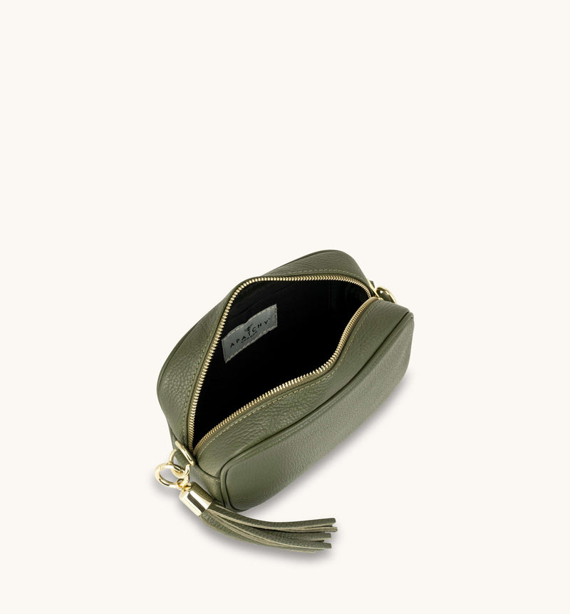 Olive Green Leather Crossbody Bag With Olive & Black ZigZag Strap