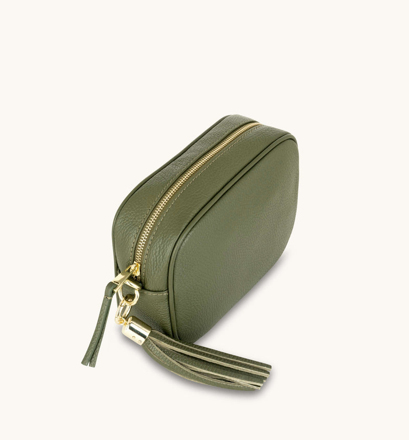 Olive Green Leather Crossbody Bag With Khaki Pills Strap