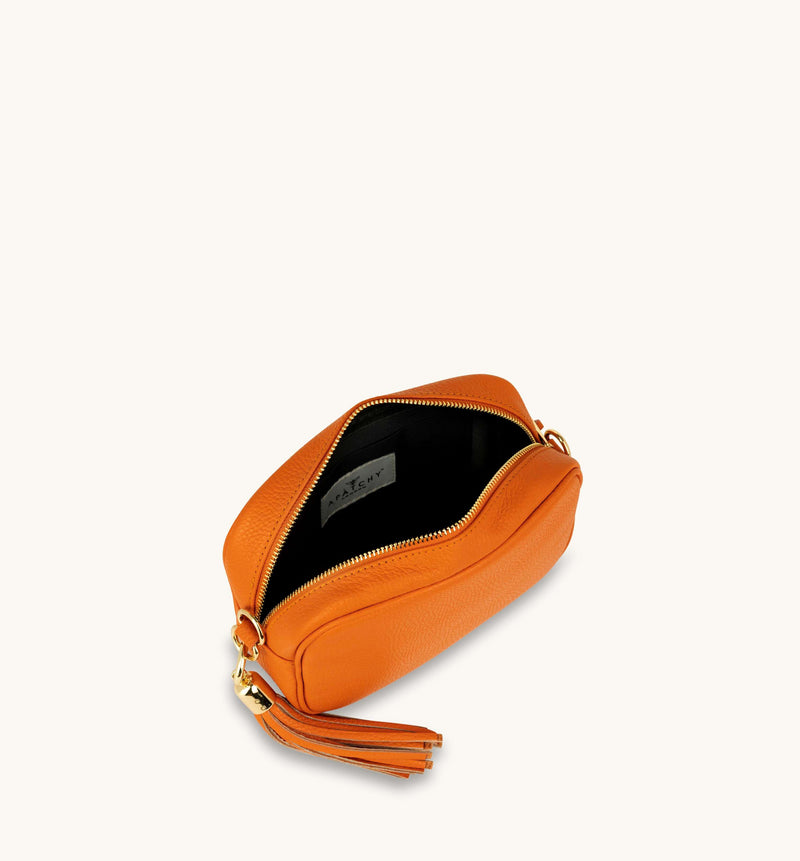 Orange Leather Crossbody Bag With Rainbow Strap