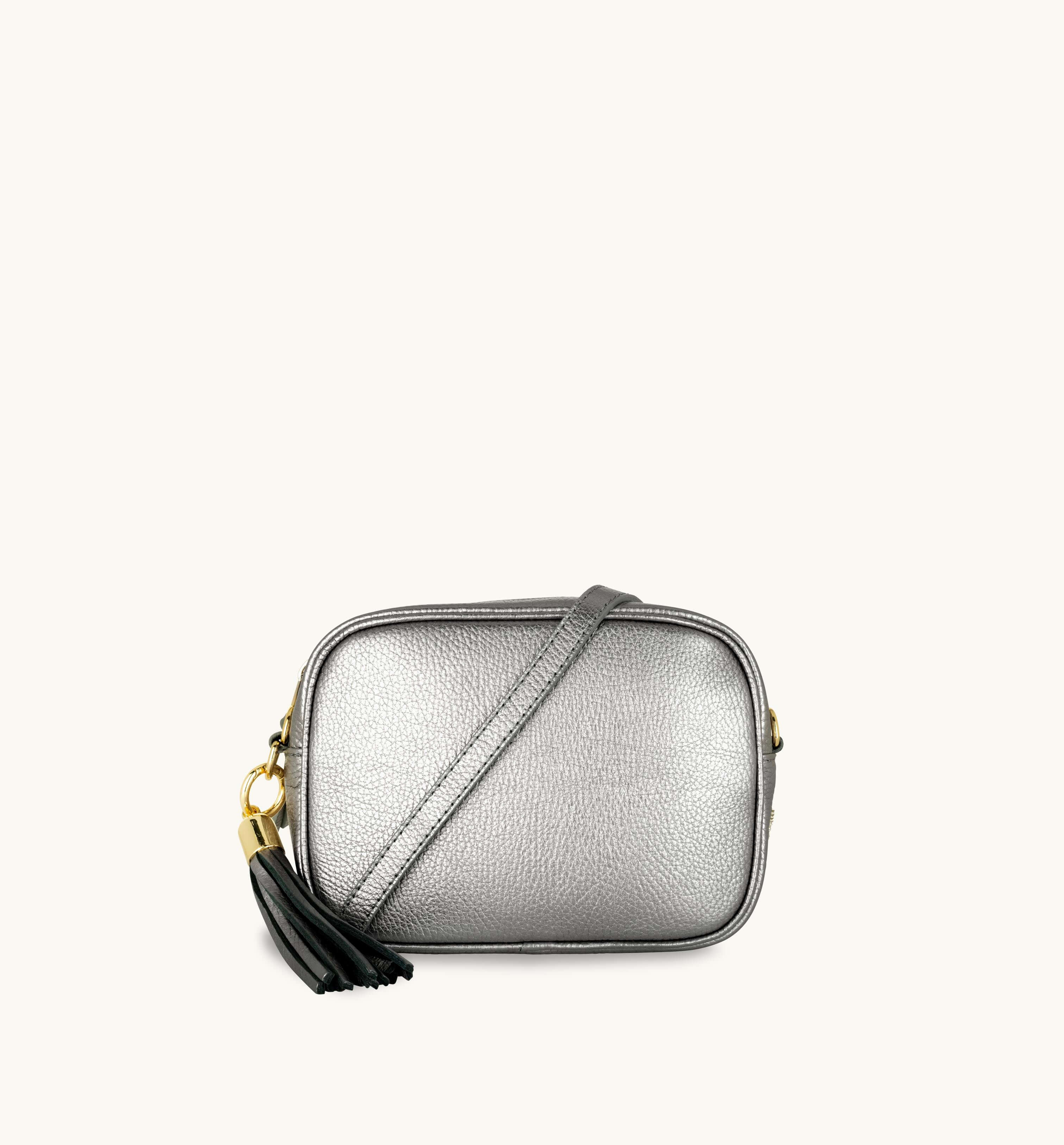 The Tassel Pewter Leather Crossbody Bag With Black & Silver Chevron Strap