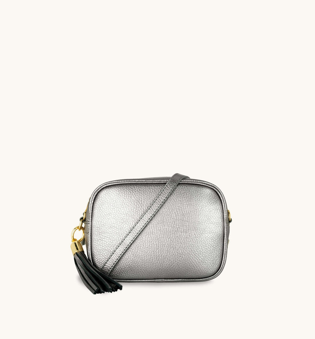 Personalised Leather Crossbody Bag – Black/Silver Chevron