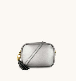 Pewter Leather Crossbody Bag With Grey Leopard Strap