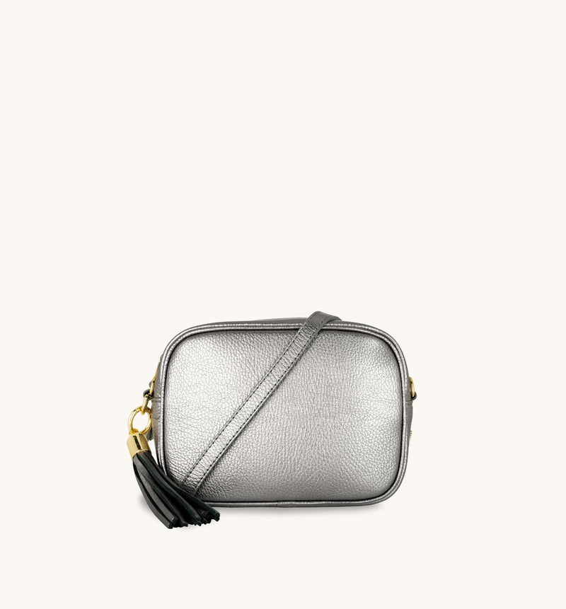 Pewter Leather Crossbody Bag With Grey Leopard Strap