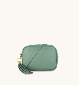 Pistachio Leather Crossbody Bag With Gold Chain Strap