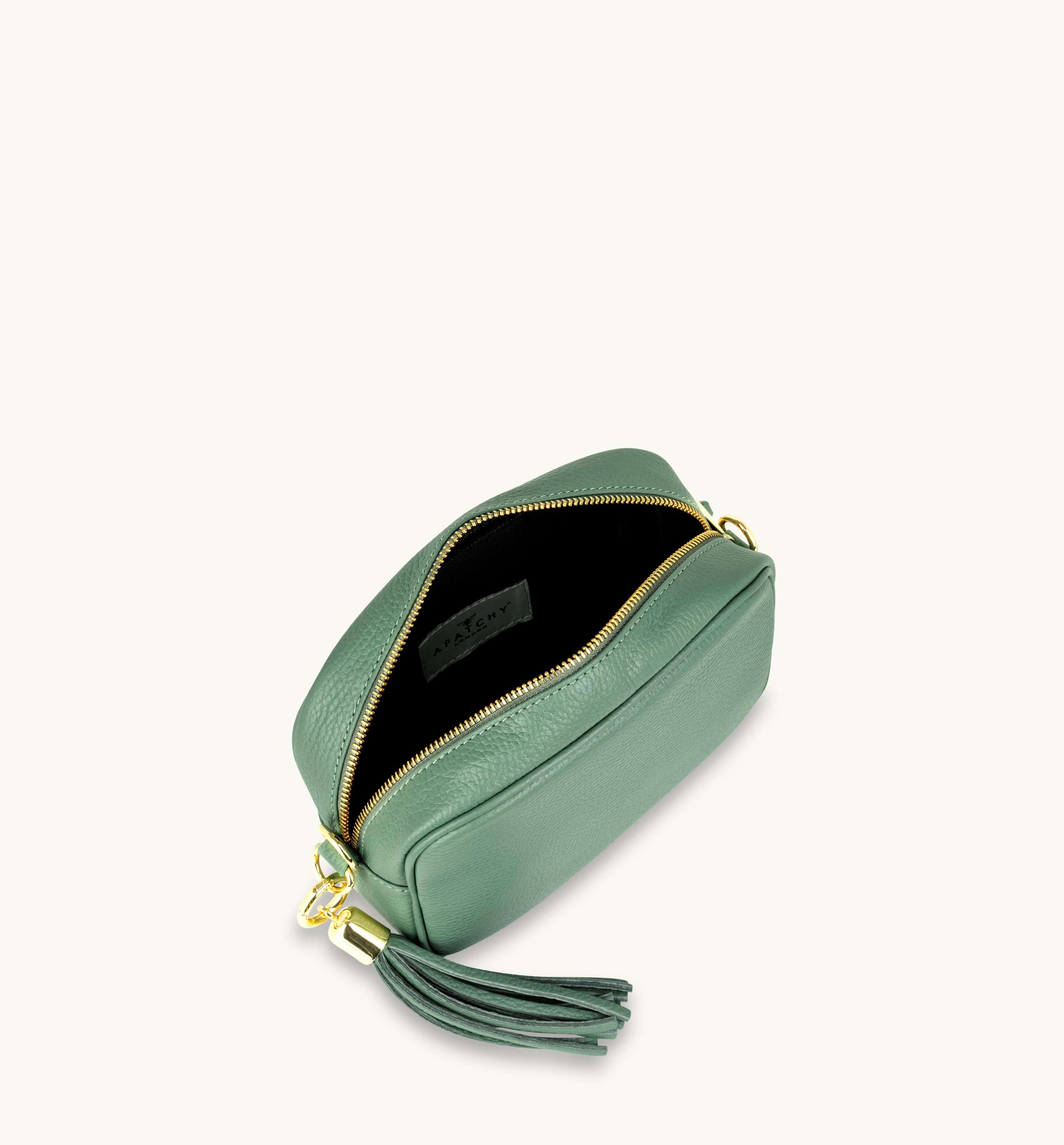 The Tassel Pistachio Leather Crossbody Bag With Gold Chain Strap