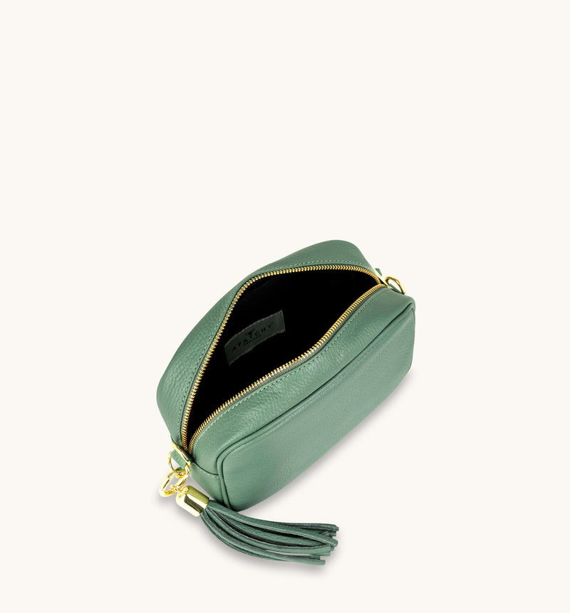 Pistachio Leather Crossbody Bag With Orange & Gold Stripe Camo Strap