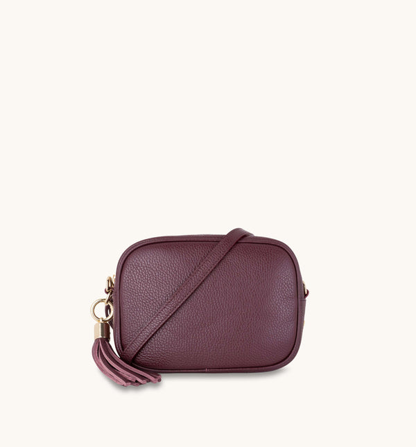 Plum Leather Crossbody Bag With Black & Red Aztec Strap