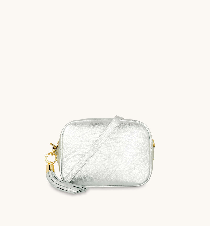 Silver Leather Crossbody Bag With Gold Chain Strap