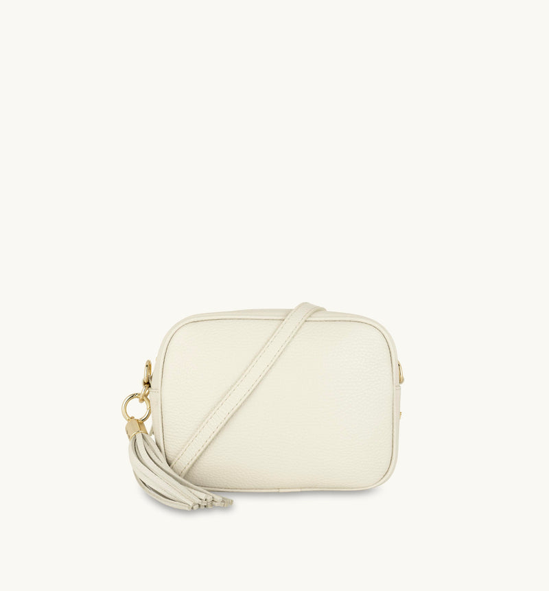 Stone Leather Crossbody Bag With Black and Stone Maze Strap