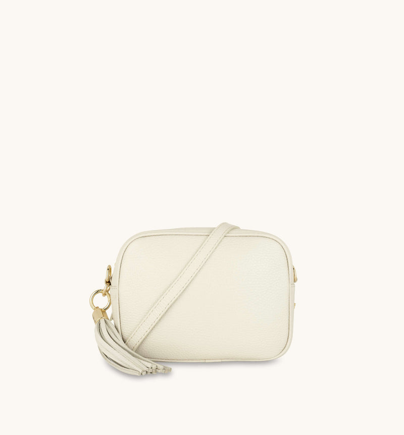 Stone Leather Crossbody Bag With Red Cross-Stitch Strap
