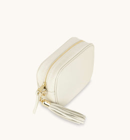 Stone Leather Crossbody Bag With Olive & Black ZigZag Strap