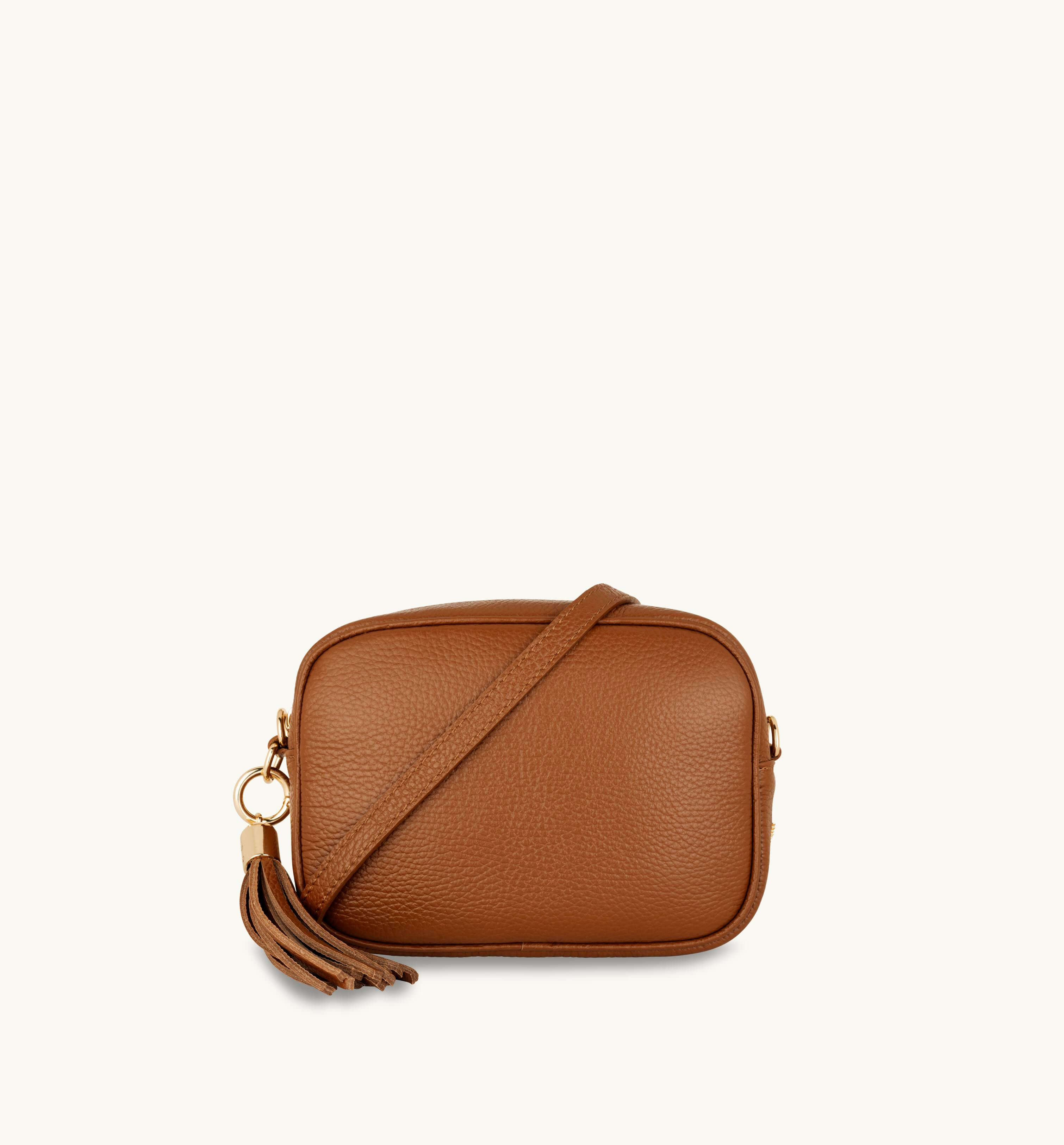 The Tassel Tan Leather Crossbody Bag With Cappuccino Dots Strap