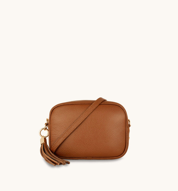 Tan Leather Crossbody Bag With Orange & Tan Check Strap