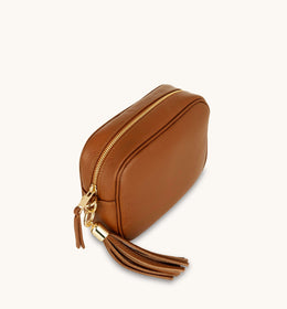 Tan Leather Crossbody Bag With Orange & Tan Check Strap