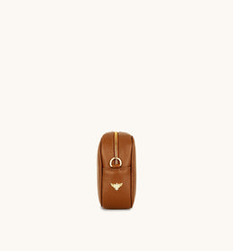 Tan Leather Crossbody Bag With Orange & Tan Check Strap