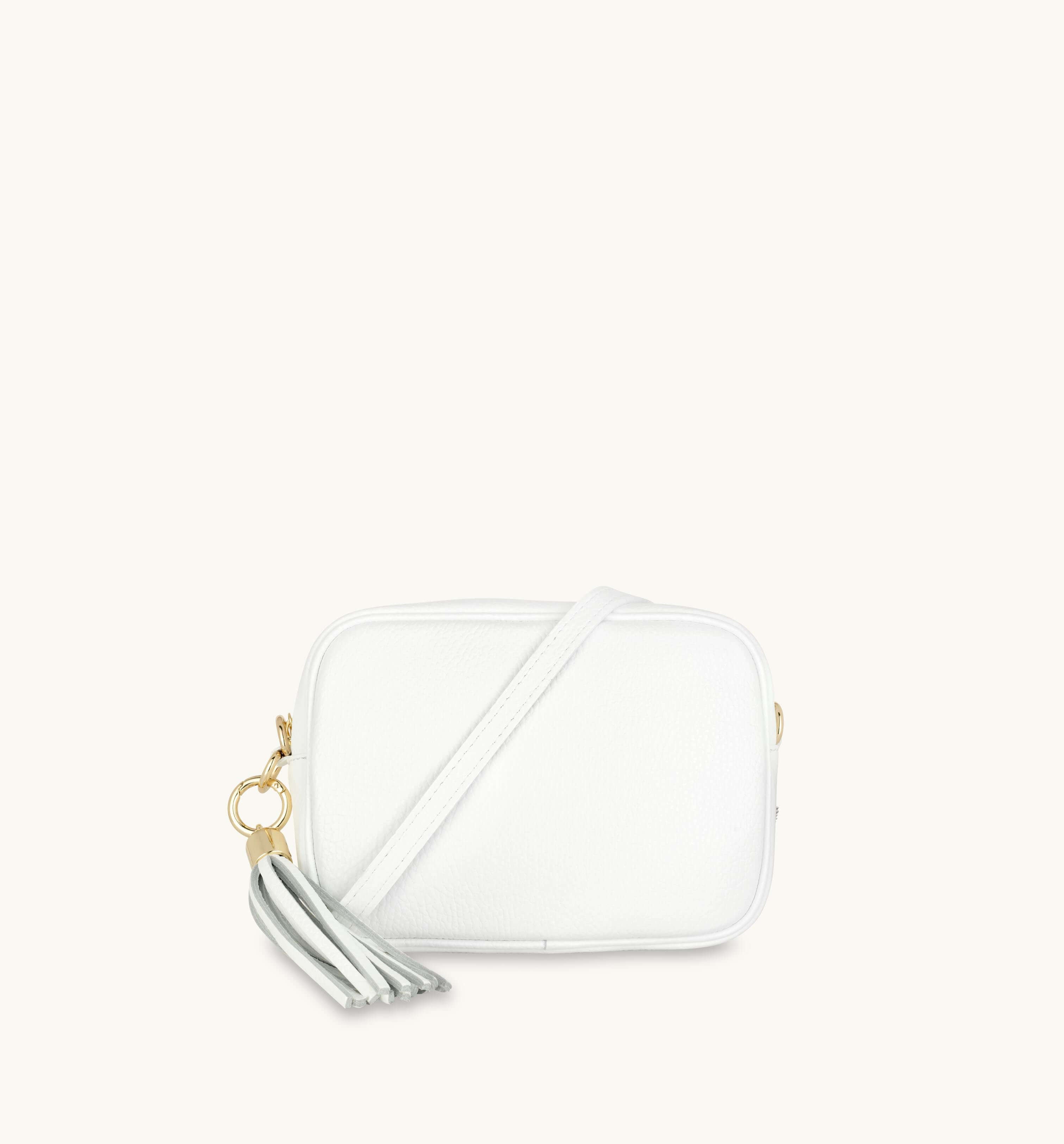 The Tassel White Leather Crossbody Bag With Tan Stripe Strap