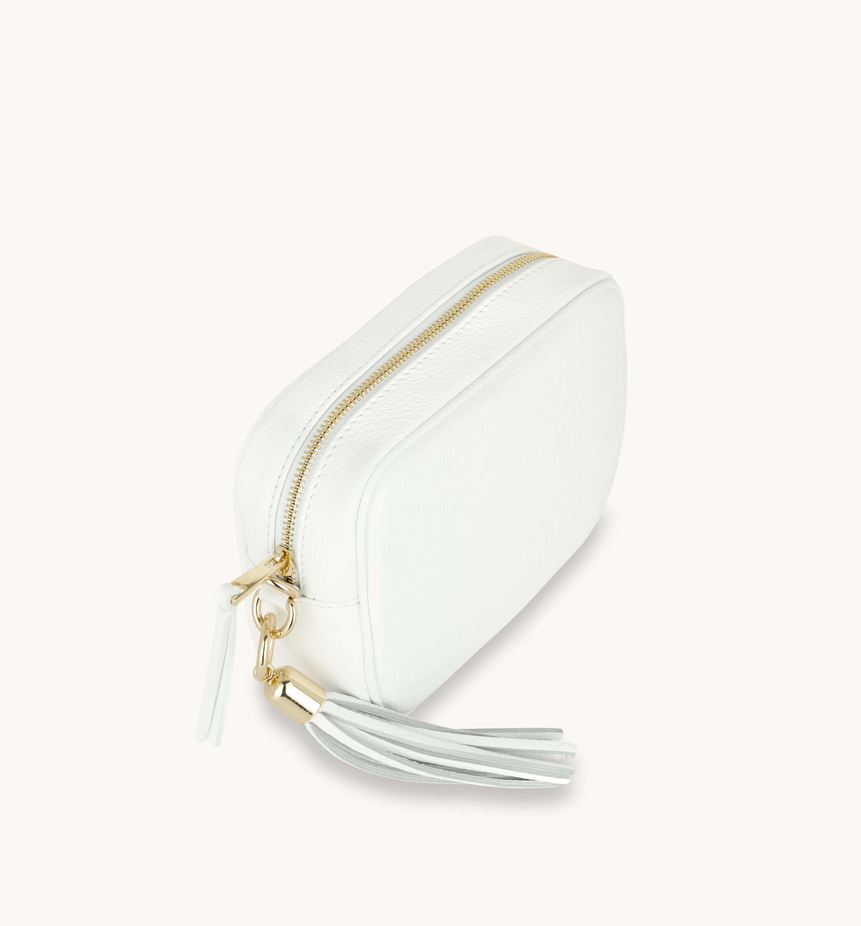 White Leather Crossbody Bag With Gold Chain Strap