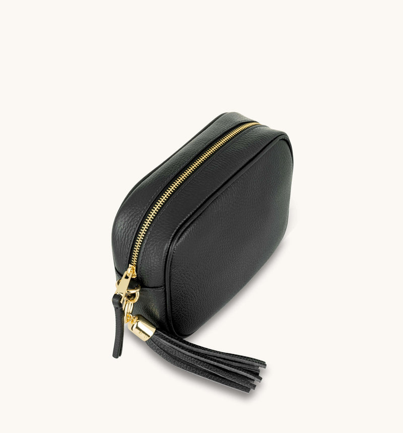 Black Leather Crossbody Bag With Orange & Gold Stripe Camo Strap