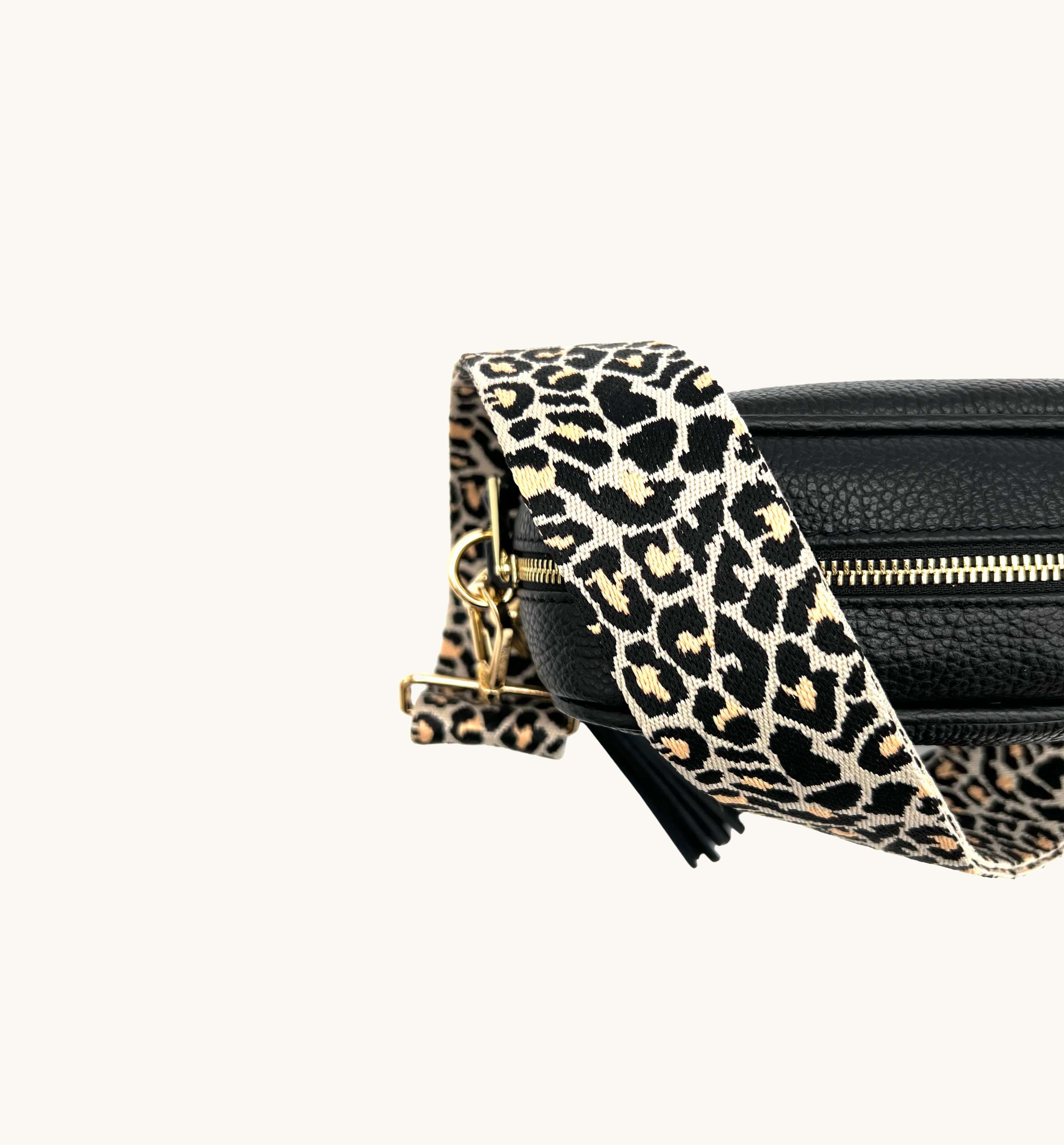 The Tassel Black Leather Crossbody Bag With Apricot Cheetah Strap