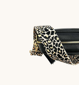 Black Leather Crossbody Bag With Apricot Cheetah Strap