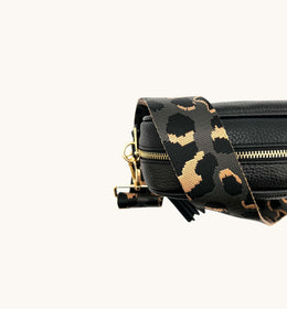 Black Leather Crossbody Bag With Grey Leopard Strap