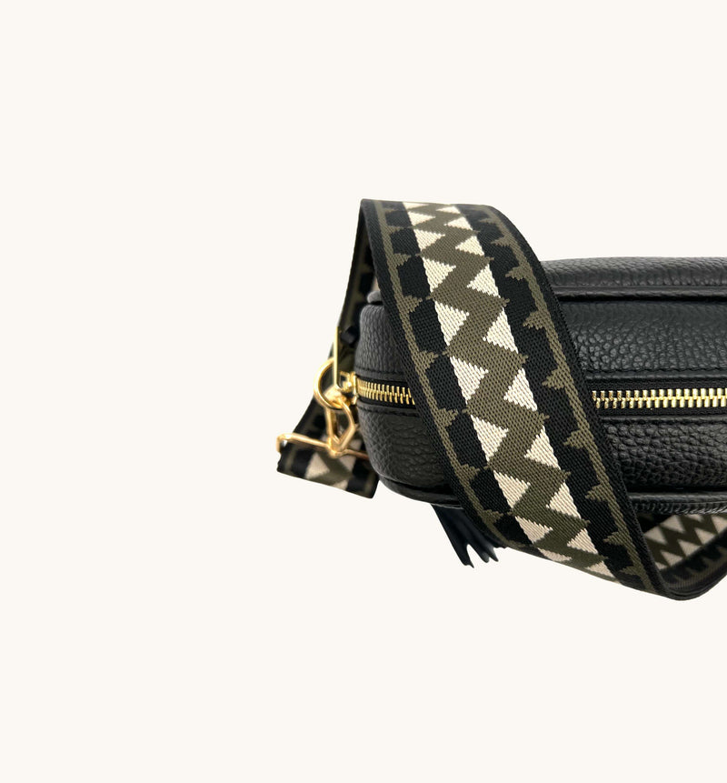 Black Leather Crossbody Bag With Olive & Black ZigZag Strap