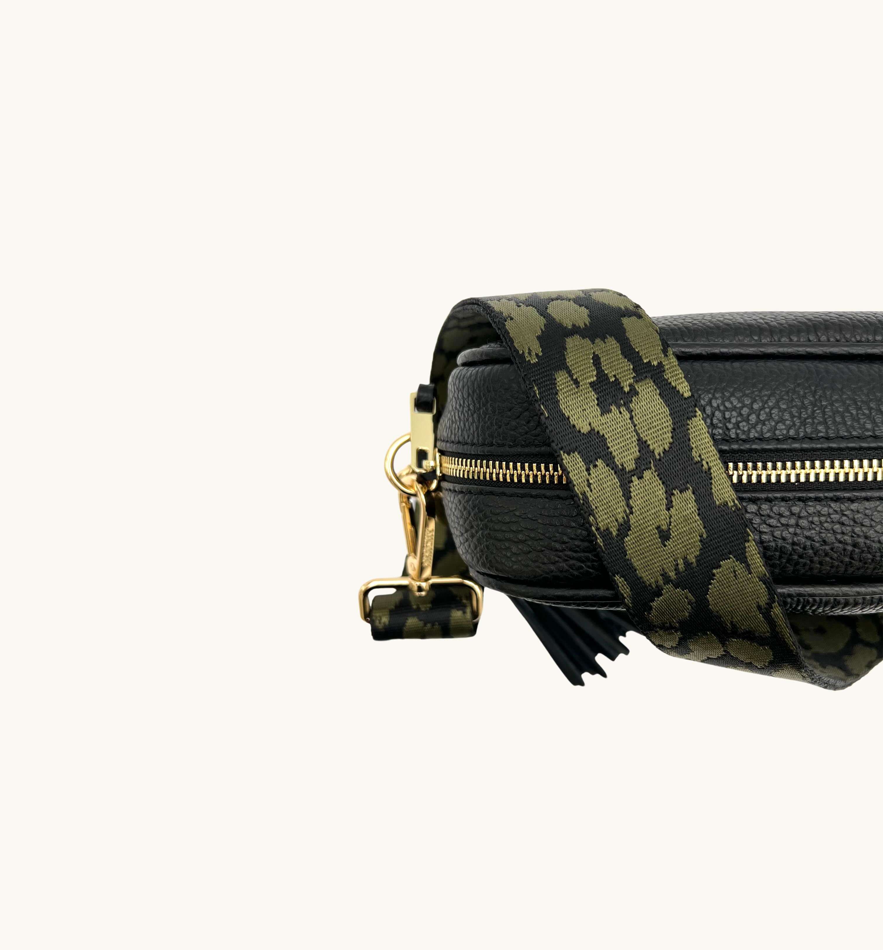 The Tassel Black Leather Crossbody Bag With Olive Green Cheetah Strap