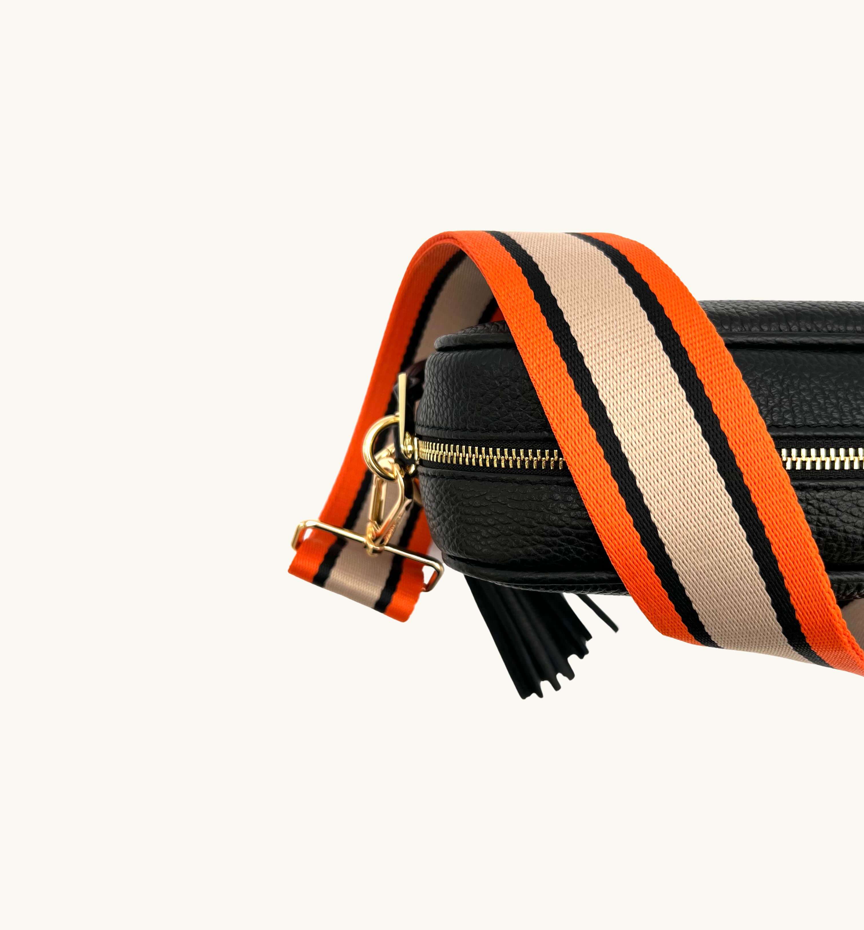 Black Leather Crossbody Bag With Orange, Tan & Black Stripe Strap