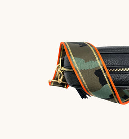 Black Leather Crossbody Bag With Orange & Gold Stripe Camo Strap