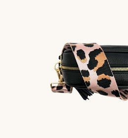 Black Leather Crossbody Bag With Pale Pink Leopard Strap