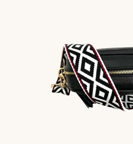 Black Leather Crossbody Bag With Black & Red Aztec Strap