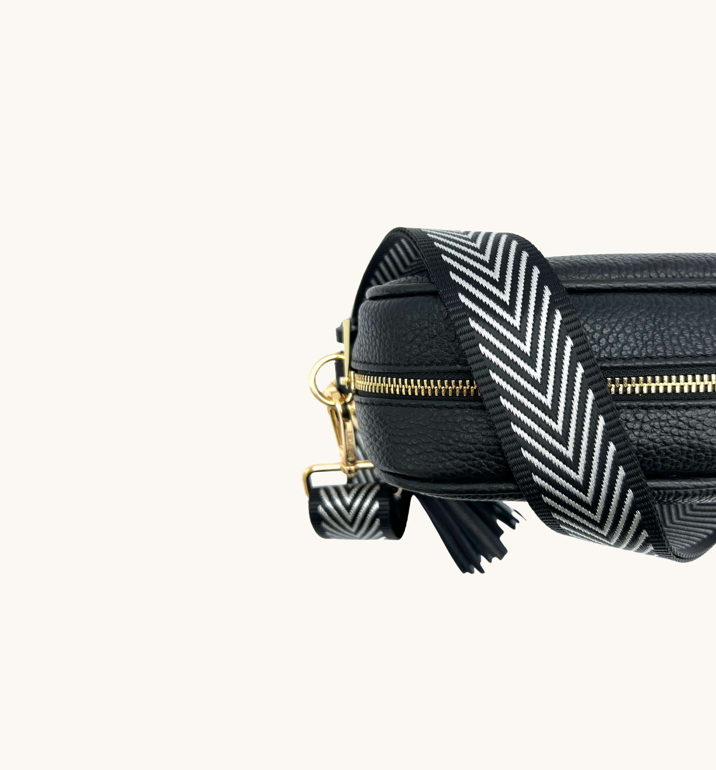 The Tassel Black Leather Crossbody Bag With Black & Silver Chevron Strap