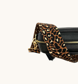 Black Leather Crossbody Bag With Tan Cheetah Strap