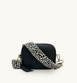 Black Leather Crossbody Bag With Apricot Cheetah Strap